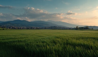 Fototapeta premium Lush Green Field at Sunset with Distant Mountain Village
