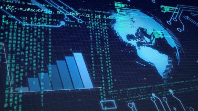 On startup 3D globe and bar chart emerging, code streaming circuits linking, visualizing data flow - Powered by Adobe