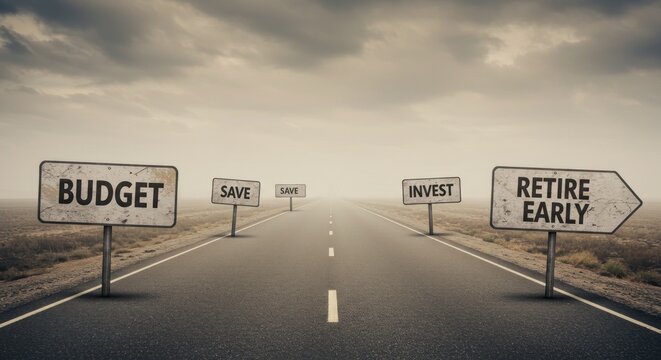 A road leading towards retirement with financial planning signs along the way.