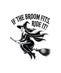 Fototapeta premium Vintage witch flying on broomstick with text halloween