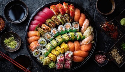 Colorful platter of assorted sushi