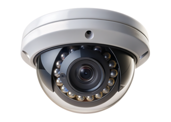White dome surveillance camera with infrared L E Ds isolated on a transparent background security lens