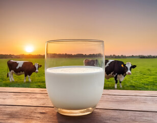 glass of cow milk on a farm, Fresh milk glass on wooden table during sunset over green pasture and cows