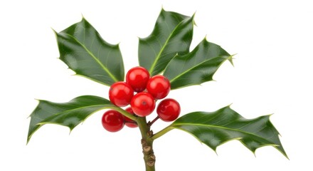 A sprig of holly with vibrant red berries and sharp green leaves, isolated on a clean white background, perfect for christmas and winter holiday designs