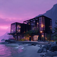 Modern house by the water at sunset