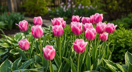 Obraz premium A vibrant cluster of pink tulips blooming in a spring garden.