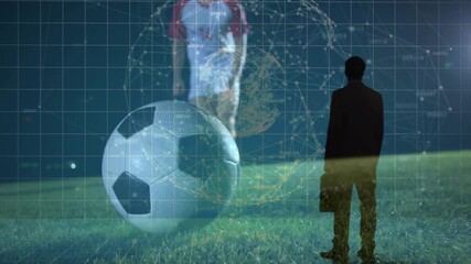Tech overlay emerging soccer player dribbling ball turning into glowing globe showing network - Powered by Adobe
