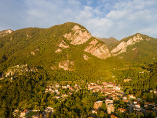 Aerial landscape of Lecco Maggianico Lago di Garlate Lake fall Italian Alps mountains Lombardy
