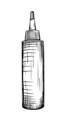 Vector hand drawn vintage illustration of cosmetic bottle in vintage engraved style. Package for shampoo, cream, tonic, lotion, serum. Black and white sketch isolated on white background