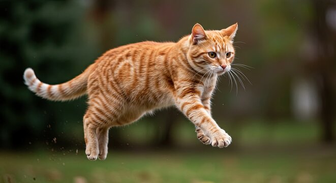 Ginger Tabby Cat Leaping with Focused Gaze in Outdoor Setting - Powered by Adobe