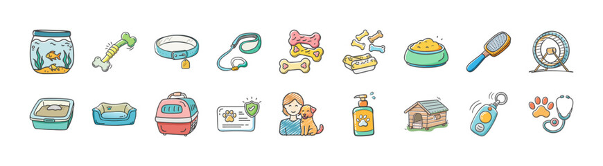 Hand drawn pet care and accessories icons set - Collection of colorful hand drawn icons representing pet care and accessories, including food bowls, bones, toys, pet carrier, grooming tools, pet house