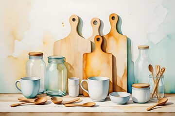 Watercolor Kitchen Goods – Hand-painted pastel illustration of cutting boards, cups, jars, and wooden spoons with a warm and cozy handmade style.