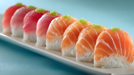 A vibrant array of sushi rolls featuring salmon and tuna, displayed beautifully on a white platter.