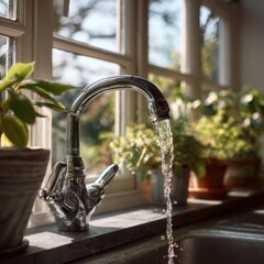 Kitchen faucet with flowing water by a window