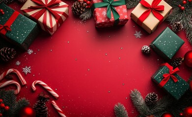 Festive Holiday Gifts Arranged on a Vibrant Red Background With Ornaments and Decorations