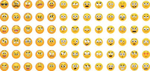 Set of yellow emoji faces vector icons showing multiple emoticon expressions and emotions for social media and digital designs