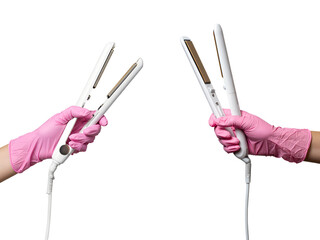 Hand in pink glove holding white hair straightener or flat iron, salon tool isolated on transparent background