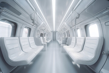 Futuristic empty subway car with sleek white interior and bright lighting