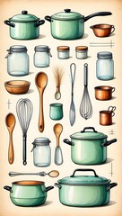 Watercolor Kitchen Goods – Hand-painted pastel illustration of cutting boards, cups, jars, and wooden spoons with a warm and cozy handmade style.