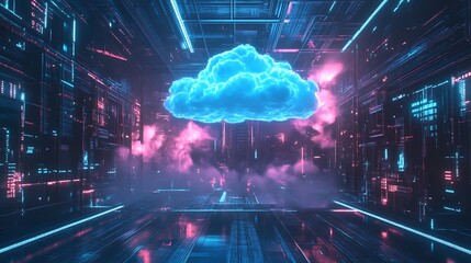 Futuristic digital cloud formation above a cyberpunk inspired city photo
