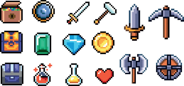 Pixel style gaming arsenal icons including sword pickaxe and weapon elements for retro games ui and web design