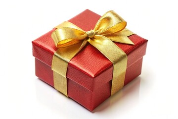 Obraz premium A single red glitter gift box with a shiny gold ribbon and bow isolated on a white background