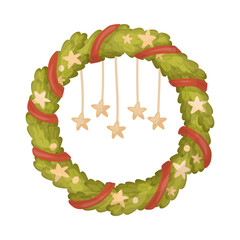 Christmas green wreath, fir, gold christmas stars. Cute festive symbol vector illustration. Holiday object isolate on white.