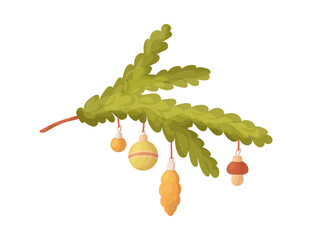 Cute winter plant branch, fir, gold christmas balls. New year symbol element isolate on white. Festive floral and objects vector illustration.
