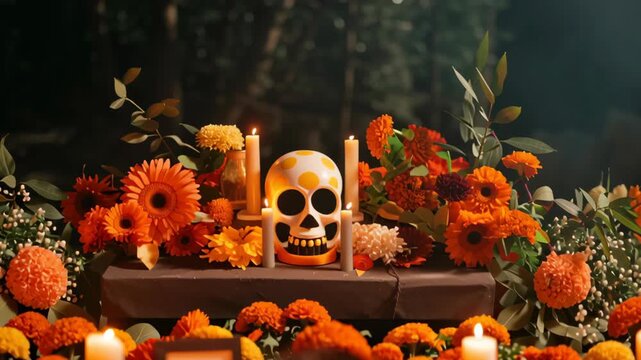 Mexican family gathering around an altar ofrenda with photos, candles, and offerings during Day of the Dead celebrations