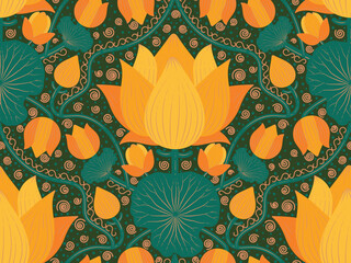 Bright yellow lotus, decorative boho seamless floral pattern