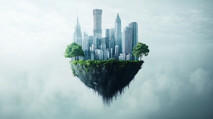Futuristic floating city illustrative photo depicting architectural buildings on a green cliff above clouds
