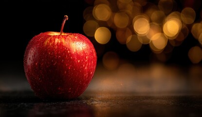 Single red apple on dark surface with bokeh