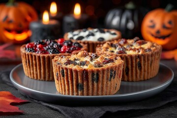 Three Soul Cakes topped with berries and cream on grey plate, surrounded by autumn leaves and candles. Concept of warm, cozy atmosphere highlighting Soul Cakes. 