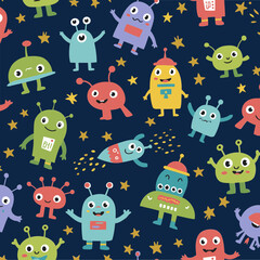 Obraz premium Cute alien and robot characters in vibrant colors on a dark navy background with gold glitter stars.