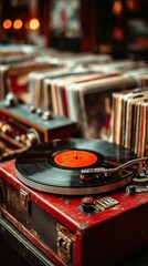 Vintage Turntable Playing Records in a Cozy Music Shop With Extensive Vinyl Collection.