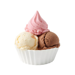 Delightful Trio: A tempting trio of creamy ice cream scoops, including vanilla, chocolate, and strawberry, presented in a charming cup