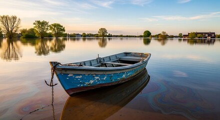 Obraz premium Rustic rowboat anchored in serene lake at dusk, reflecting the horizon