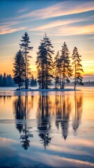 Fototapeta premium Serene winter landscape with silhouetted pine trees on a small island reflected in a frozen lake at sunset