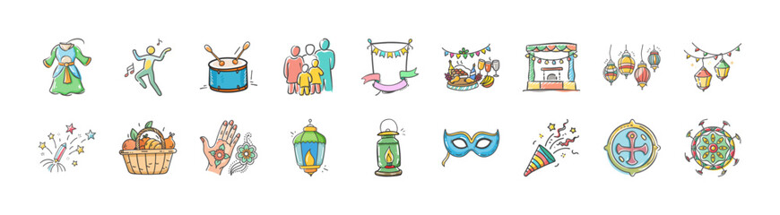 Hand drawn carnival and festival celebration icons set - Collection of colorful hand drawn icons representing carnival and festival celebrations, including costumes, masks, drums, parades, lanterns