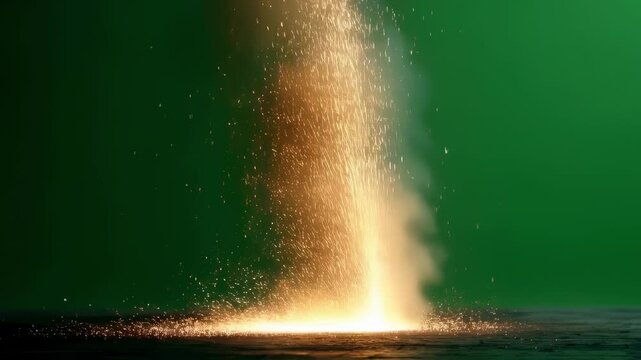 Fiery welding spark shower flowing down in an intense arc pattern representing metal fusion and fabrication works for use in professional industrial video projects.