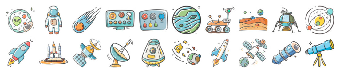 Hand drawn space exploration and astronomy icons set - Collection of hand drawn icons related to space and astronomy, featuring rockets, planets, satellites, rovers, telescopes, astronauts, and spacec