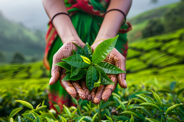 Henna-decorated hands holding fresh green tea leaves in lush plantation