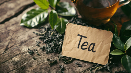 Cup of tea on rustic wooden table with loose leaf and green leaves