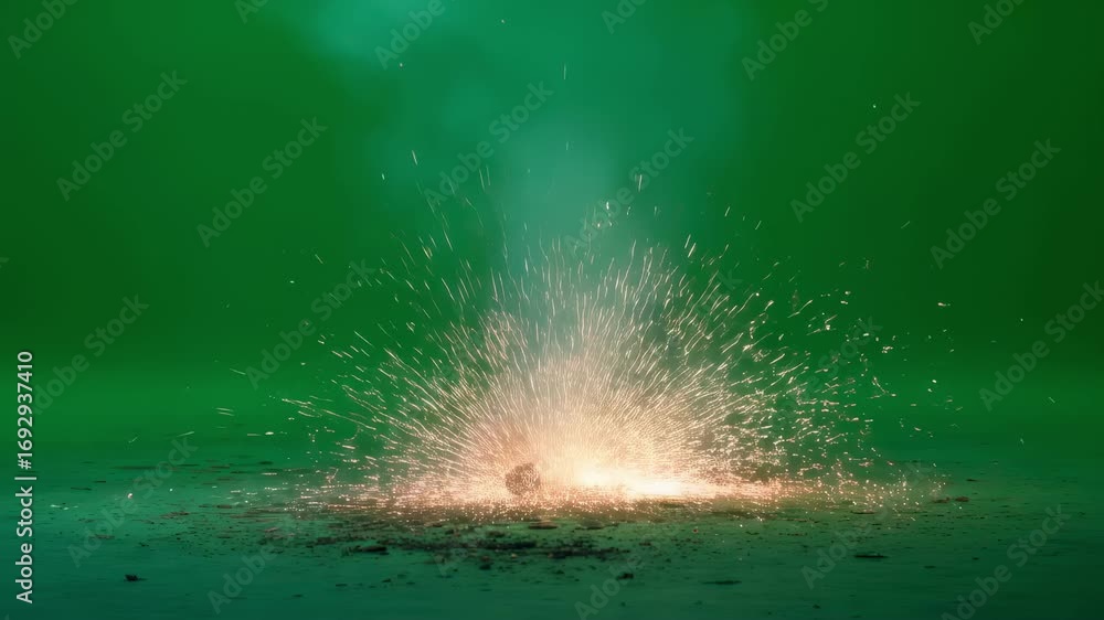 Poster highspeed capture of glowing metal sparks from bullet strike set against green screen background for