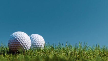 Two golf balls on a grassy field against a clear blue sky