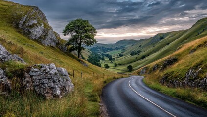 Winding road through a valley landscape