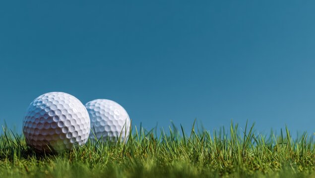 Two golf balls on a grassy field against a clear blue sky