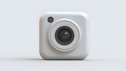 A stylized, white, square-shaped camera icon with a prominent lens and a small black dot.