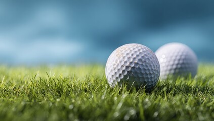 Obraz premium Two golf balls on green grass, soft focus