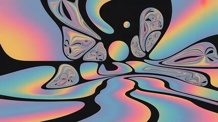 Obraz premium Abstract Psychedelic Landscape with Holographic Colors and Black Shapes Modern Art Design Illustration